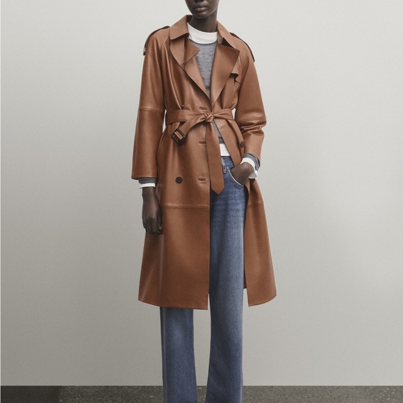 Massimo Dutti leather trench coat brown belted classic casual jacket - Picture 5 of 13